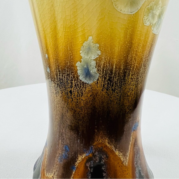 Vintage Signed Kent Follette Flambeaux Crystalline Vase Blue Brown Cream - Picture 8 of 12